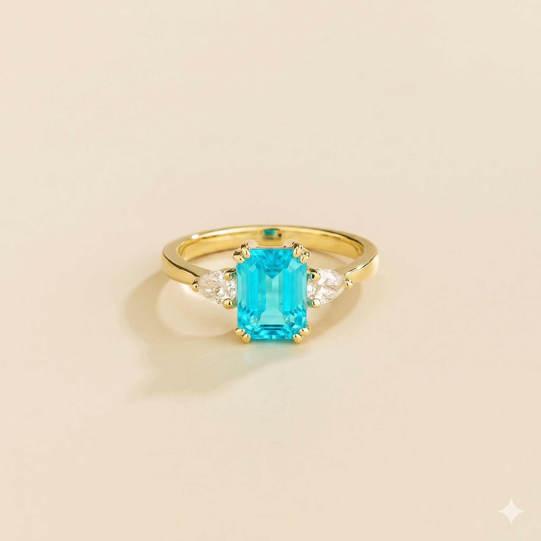 Ailes Paraiba Emerald-Cut Ring with Pear Side Diamonds in Gold