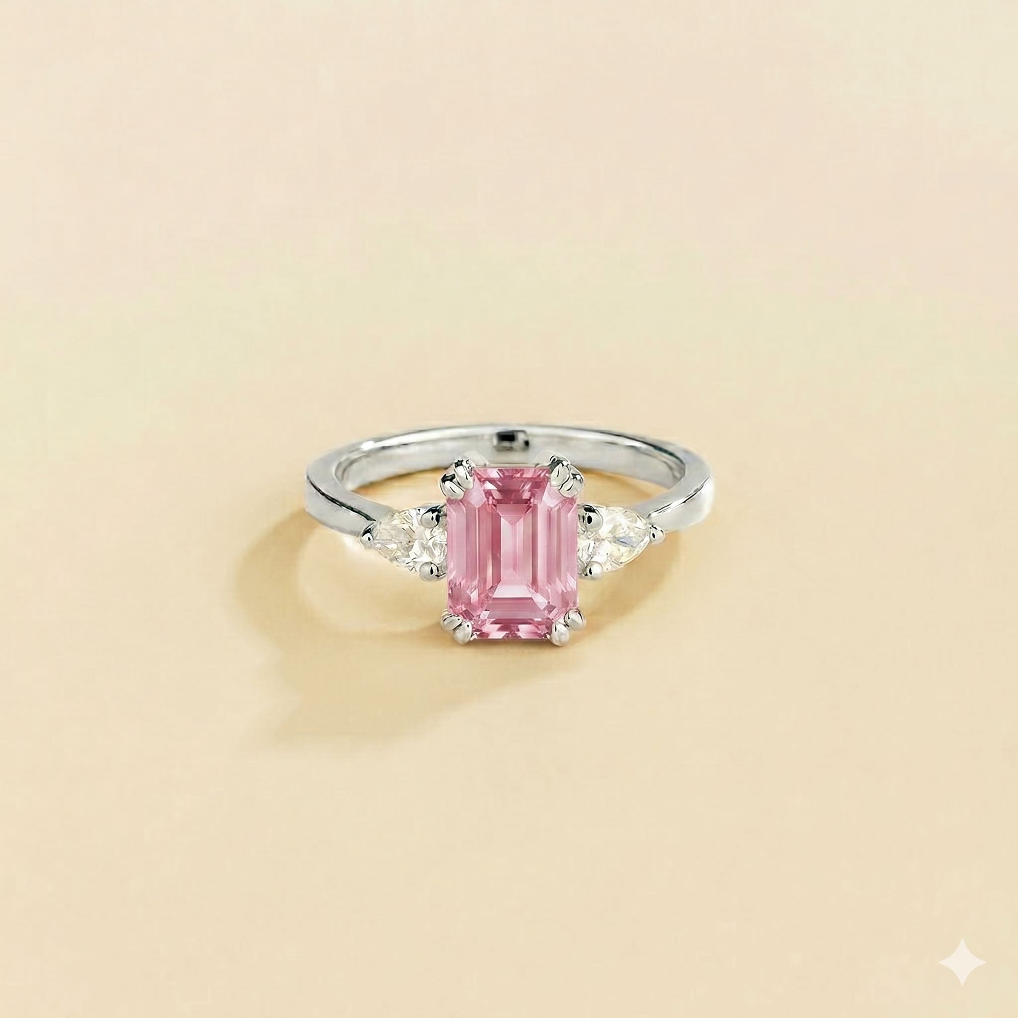 Ailes Pastel Pink Sapphire Emerald-Cut Ring with Pear Side Diamonds in White Gold