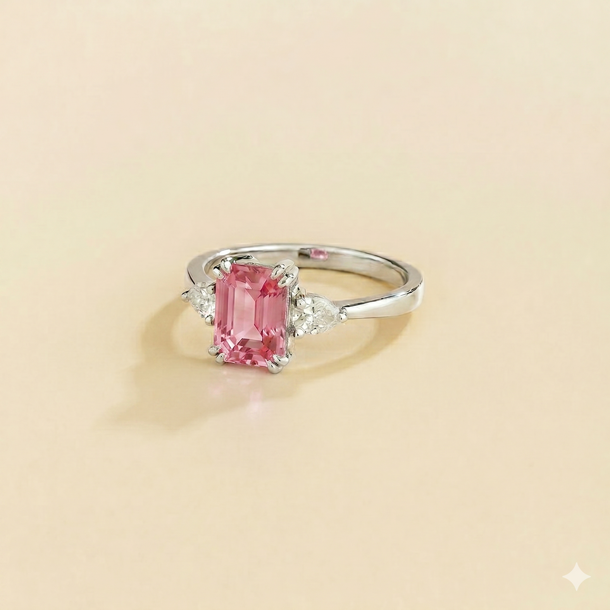 Ailes Pastel Pink Sapphire Emerald-Cut Ring with Pear Side Diamonds in White Gold