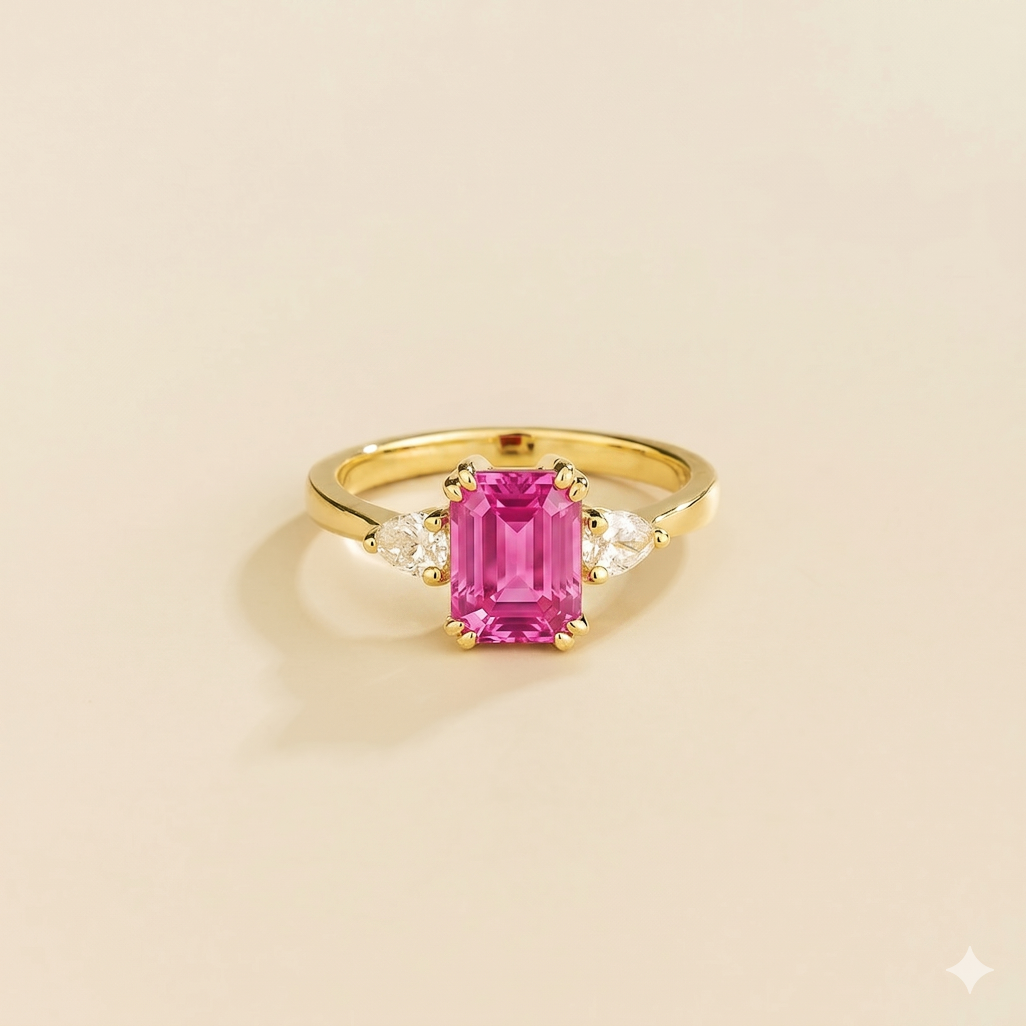 Ailes Pink Sapphire Emerald-Cut Ring with Pear Side Diamonds in Gold
