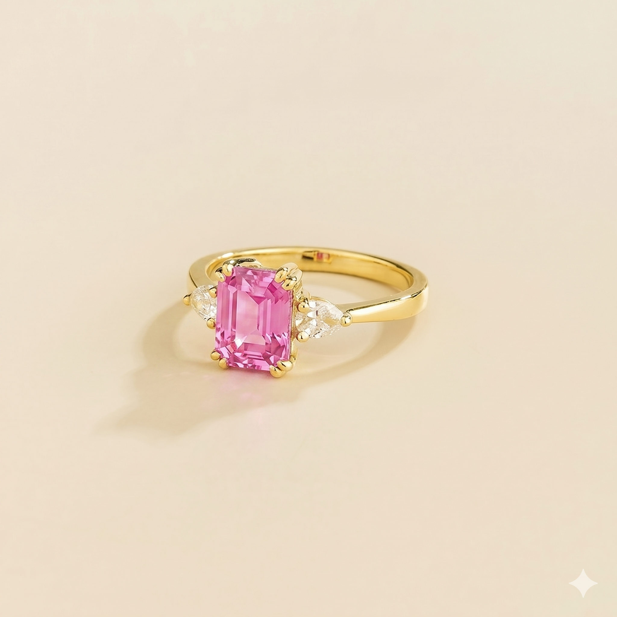 Ailes Pink Sapphire Emerald-Cut Ring with Pear Side Diamonds in Gold