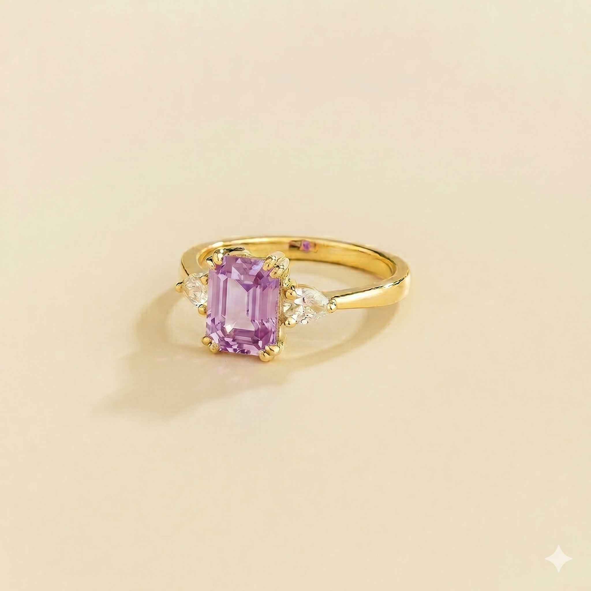 Ailes Purple Sapphire Emerald-Cut Ring with Pear Side Diamonds in Gold