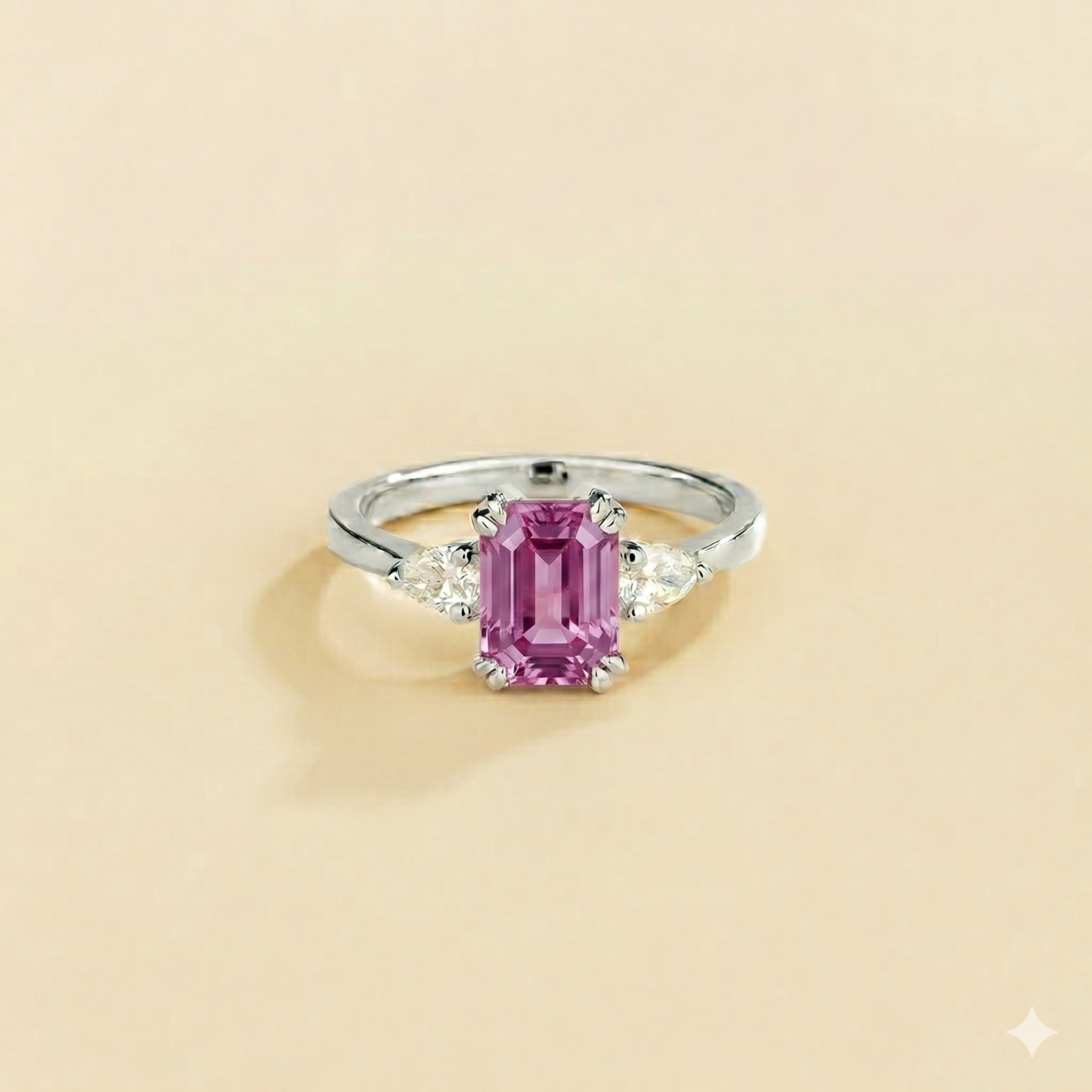 Ailes Purple Sapphire Emerald-Cut Ring with Pear Side Diamonds in White Gold