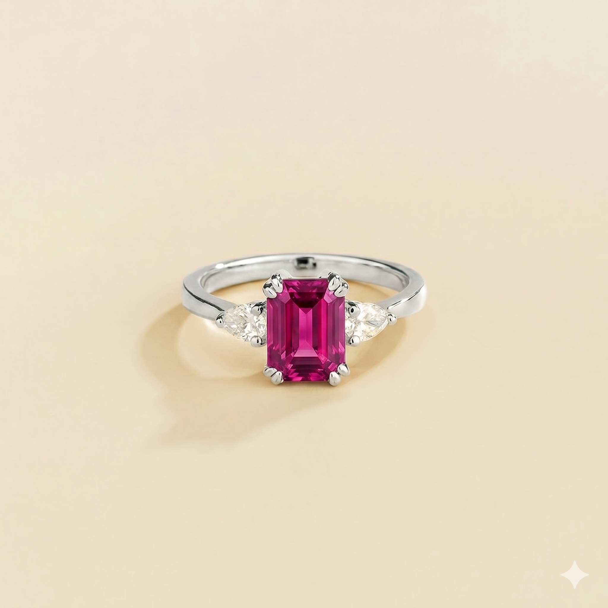 Ailes Vivid Hot Pink Sapphire Emerald-Cut Ring with Pear Side Diamonds in White Gold