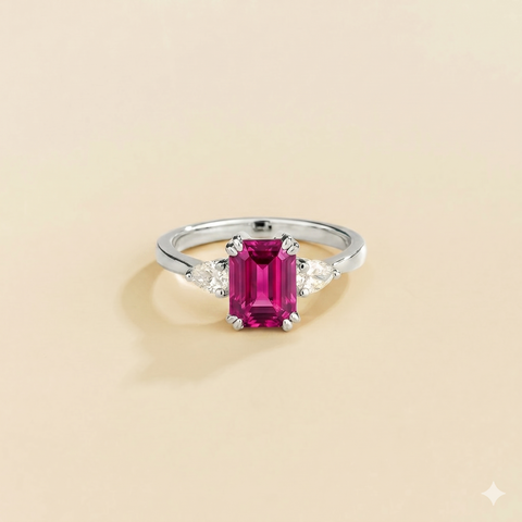Ailes Vivid Hot Pink Sapphire Emerald-Cut Ring with Pear Side Diamonds in White Gold