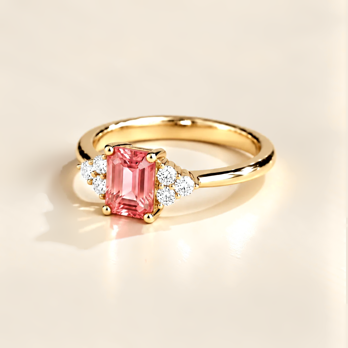 Chateau Padparadscha Sapphire Emerald-Cut & Diamond Ring in Gold