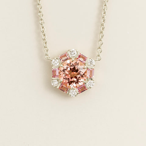 Melba Padparadscha Sapphire, Pink Sapphire and Diamond Halo Pendant Necklace In White Gold Melba Padparadscha Sapphire, Pink Sapphire and Diamond Halo Pendant Necklace In White Gold