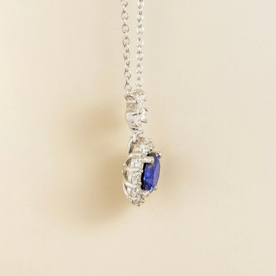 Round Blue Sapphire Halo Pendant Necklace with Flower Bail in White Gold
