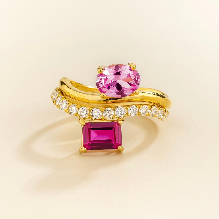 Luno Vivid Pink Sapphire Emerald-Cut & Diamond Pavé Curved Band Ring in Gold