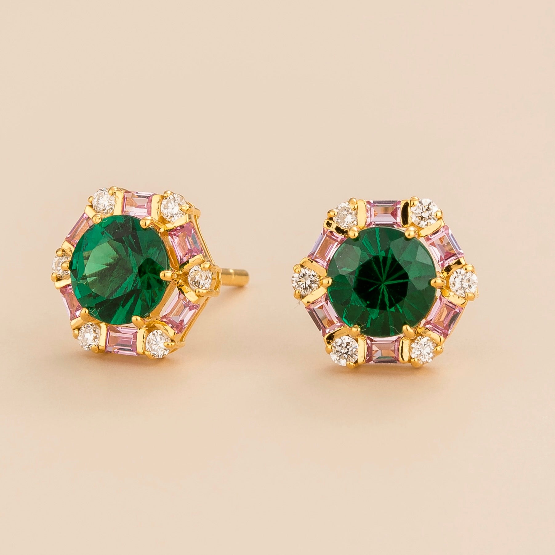 Melba Emerald, Pink Sapphire & Diamond Halo Stud Earrings In Gold
