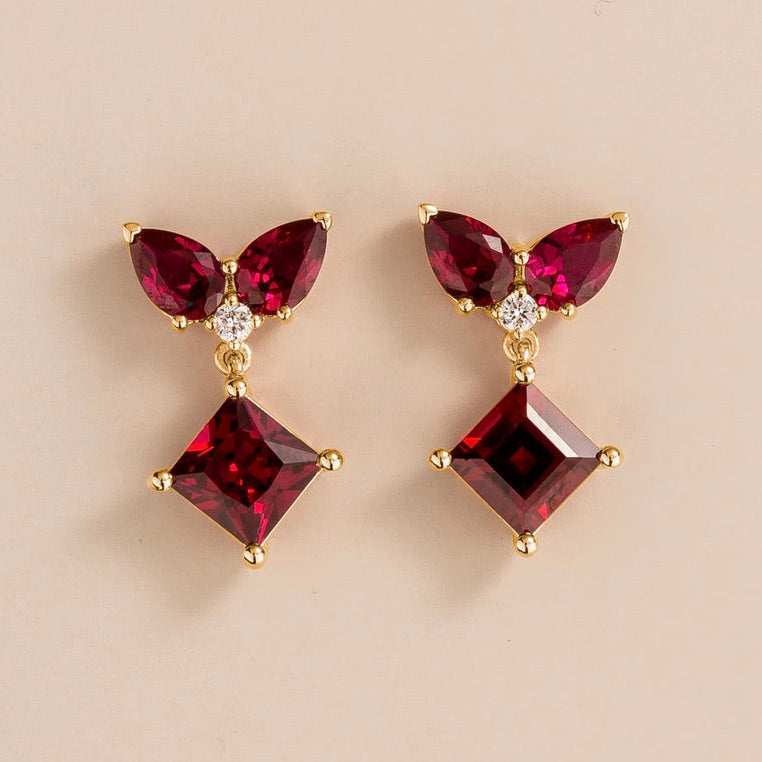 Amore Ruby & Diamond Butterfly Drop Earrings in Gold