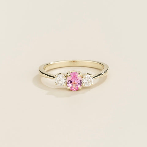 Boble Pink Sapphire Oval and Diamond Three-Stone Ring in White Gold