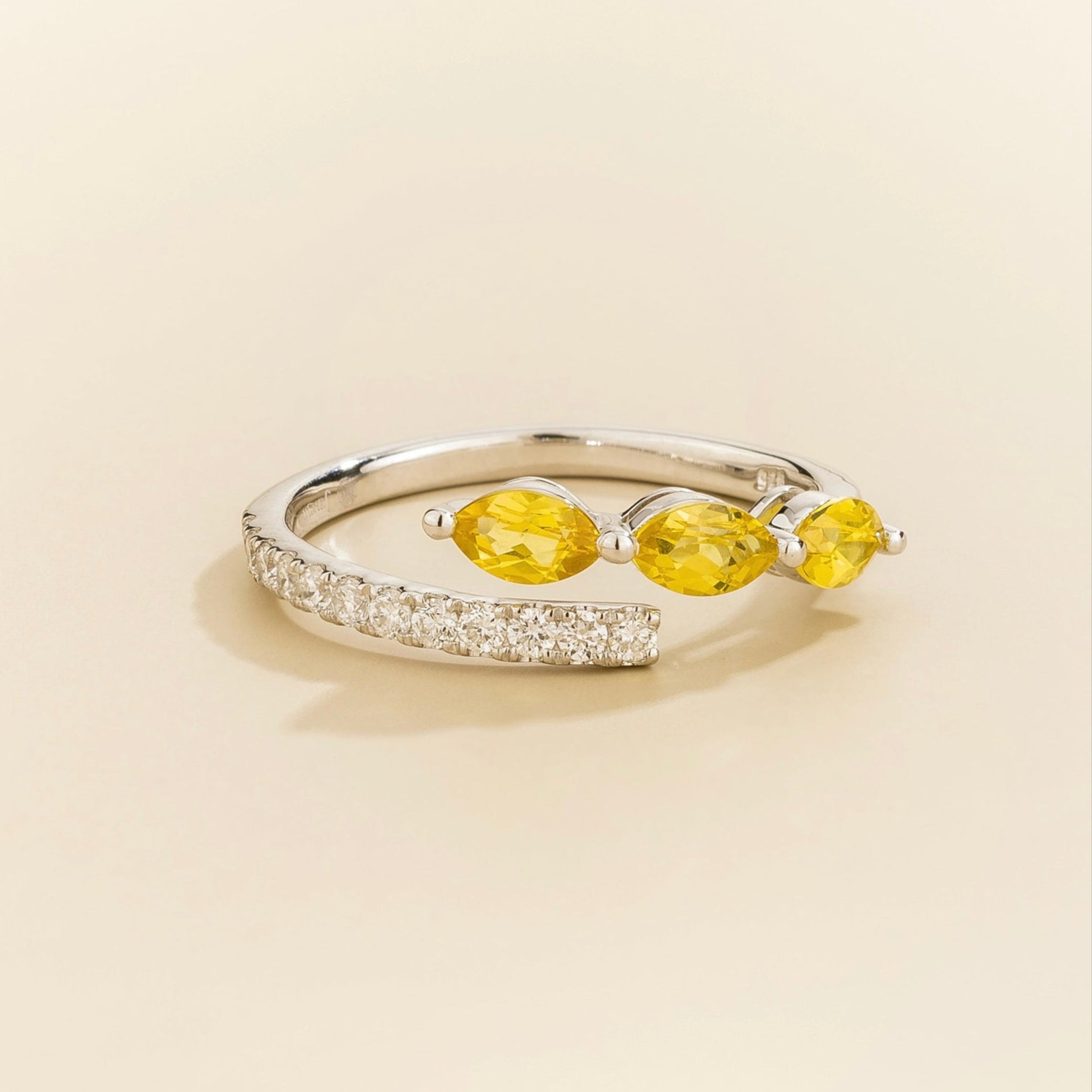 Juvetti white gold open band ring featuring marquise cut lab-grown yellow sapphires and pavé-set lab-grown diamonds.