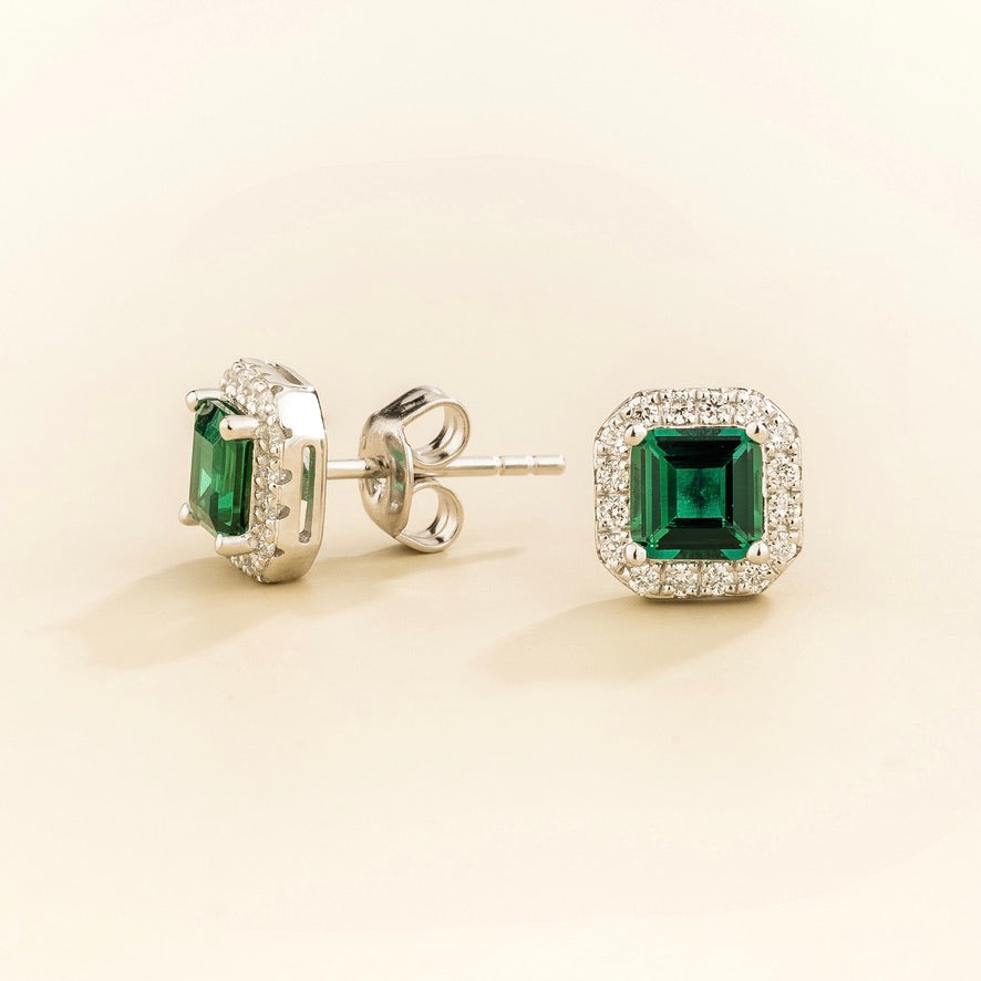 Piazza Emerald Asscher Cut Stud Earrings with Diamond Halo in White Gold