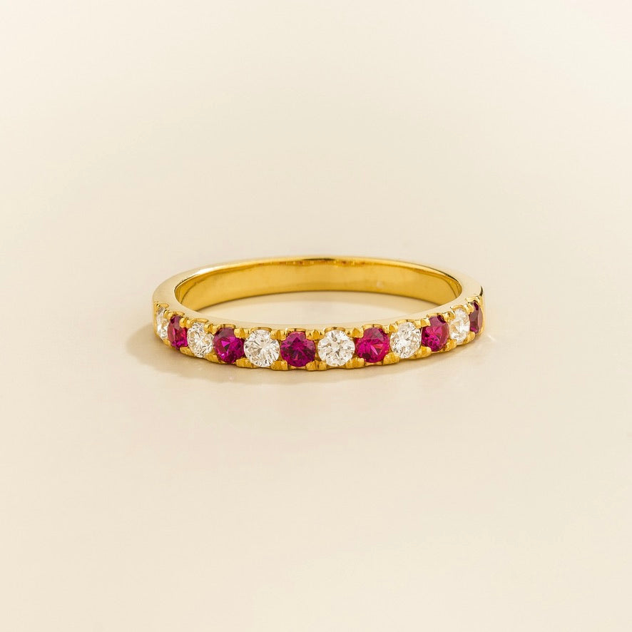 Lab-grown ruby and diamond half eternity Salto ring in gold | Juvetti London