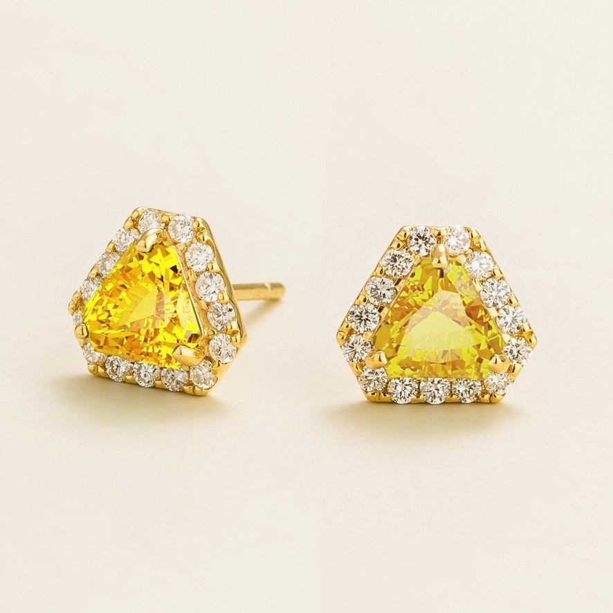Diana Yellow Sapphire Triangle Cut & Diamond Halo Stud Earrings in Gold