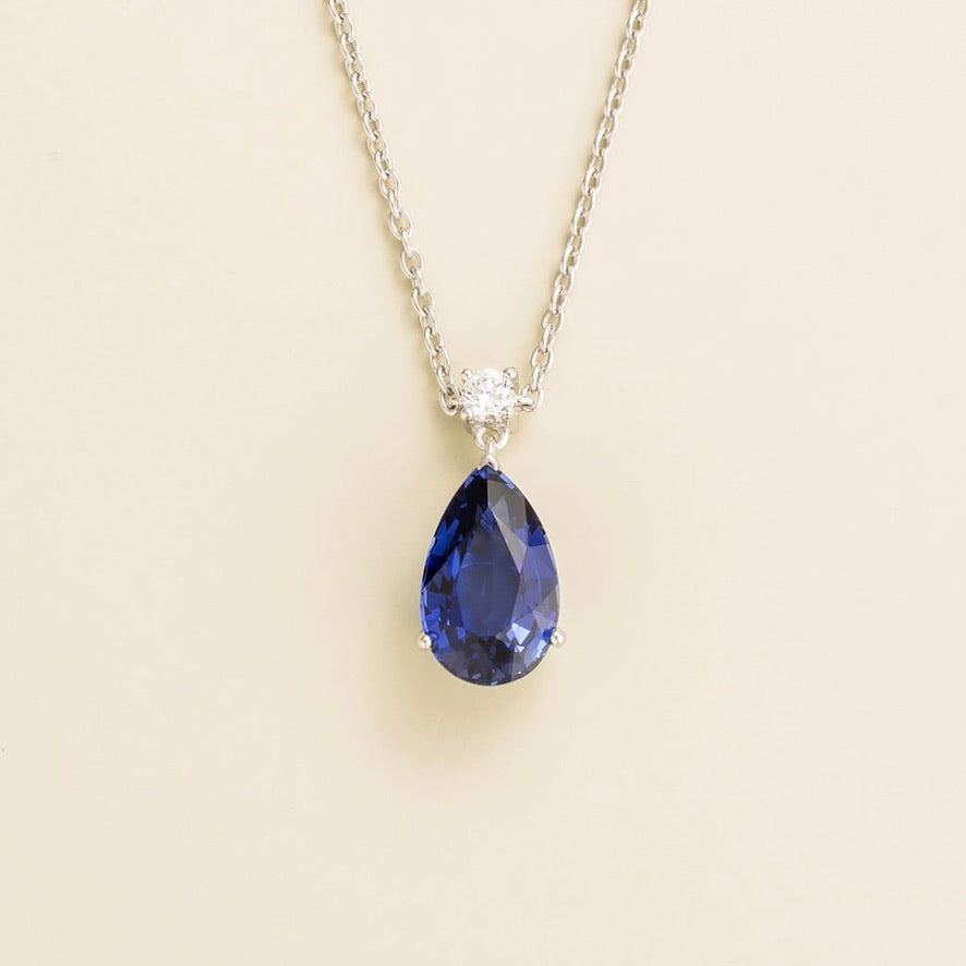 Pisa Blue Sapphire & Diamond Pear Drop Pendant Necklace In White Gold - Large