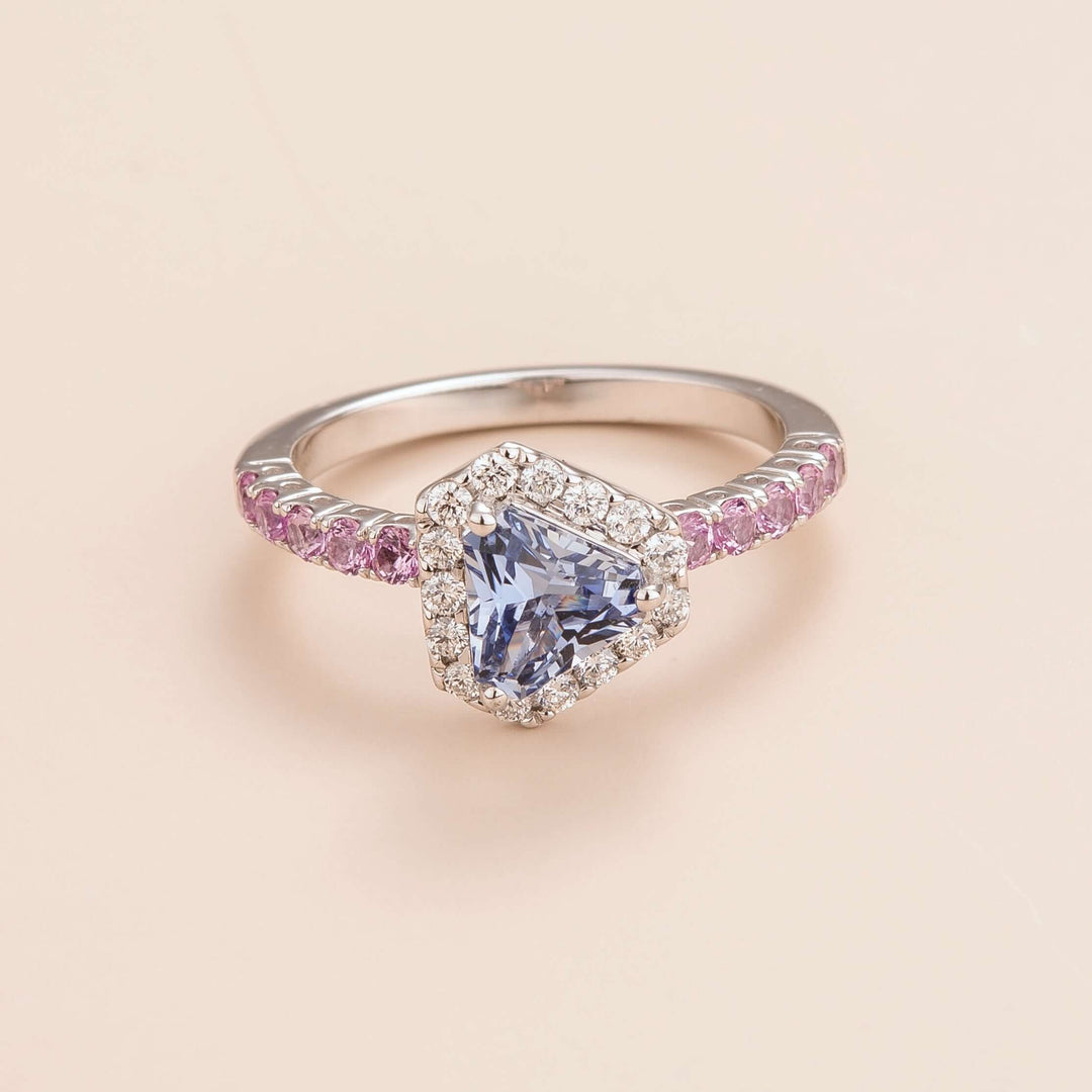 Best Jewellery London Diana White Gold Ring Pastel Blue Sapphire Diamond and Pink Sapphire Juvetti
