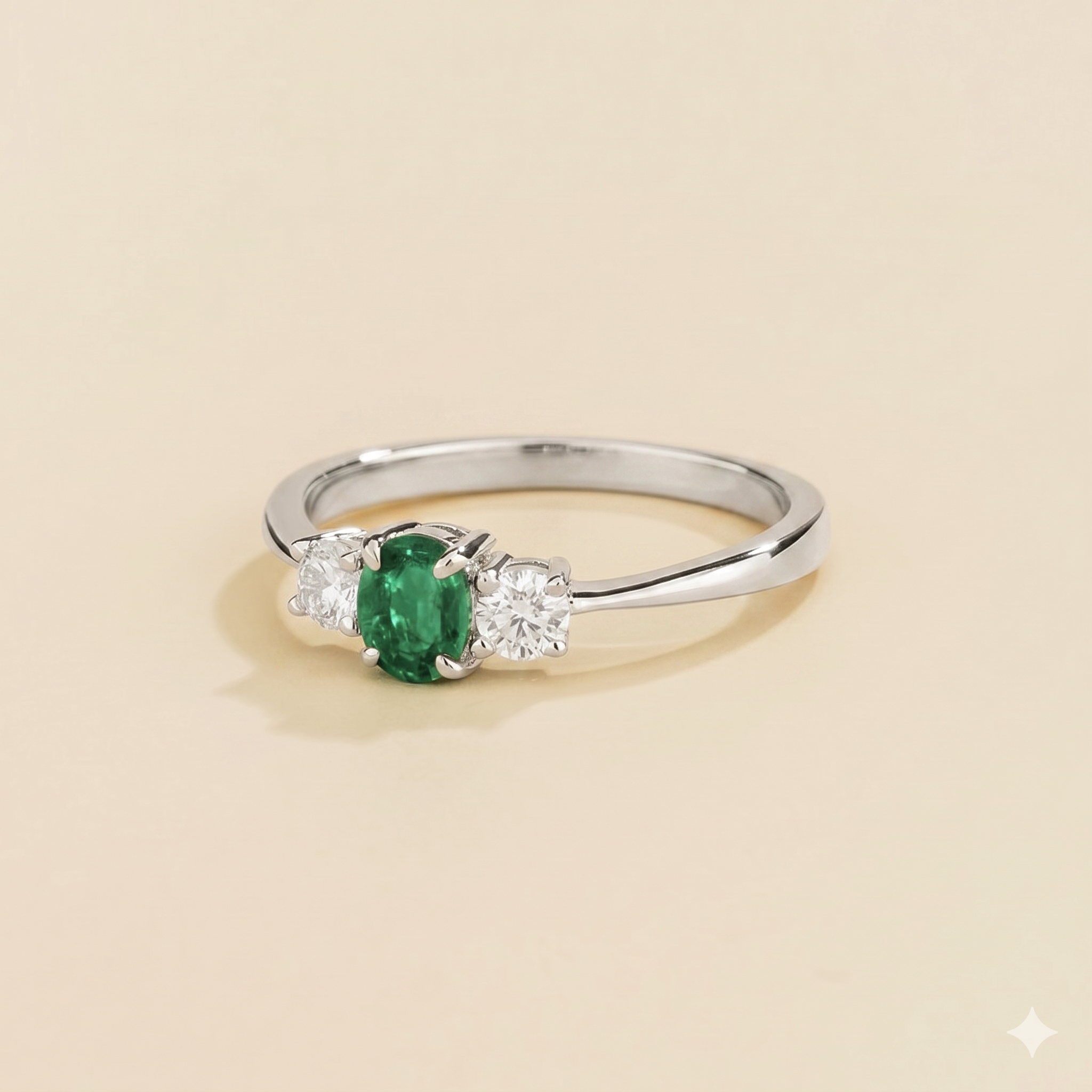 Boble Emerald Oval & Diamond Three-Stone Ring in White Gold