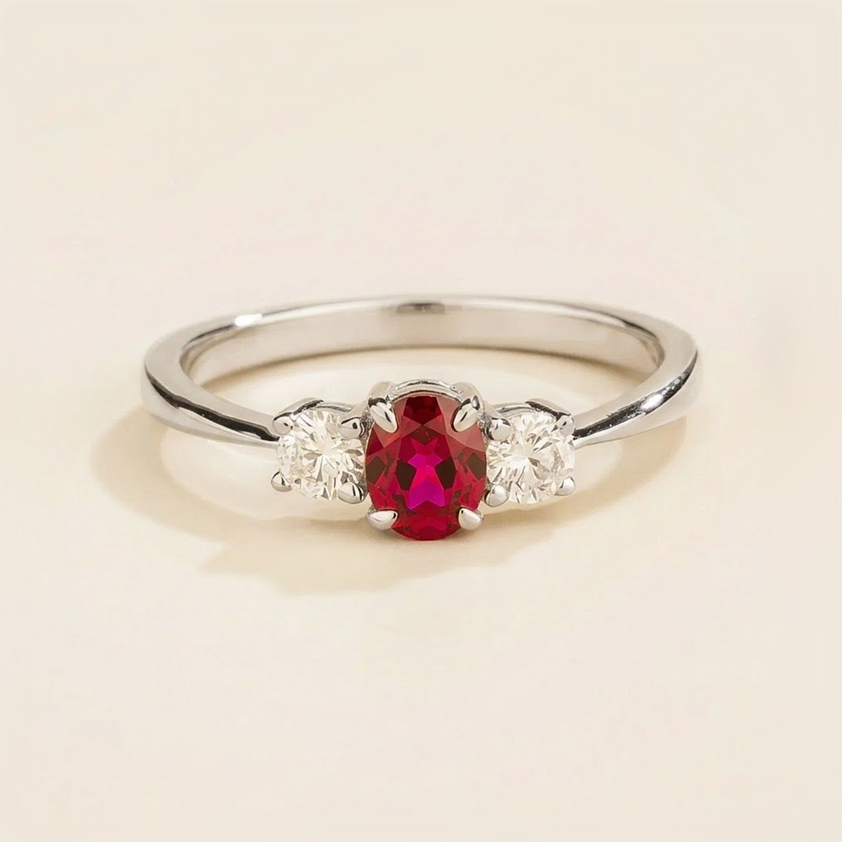 Oval lab-grown ruby and diamond three-stone Boble ring in white gold | Juvetti London