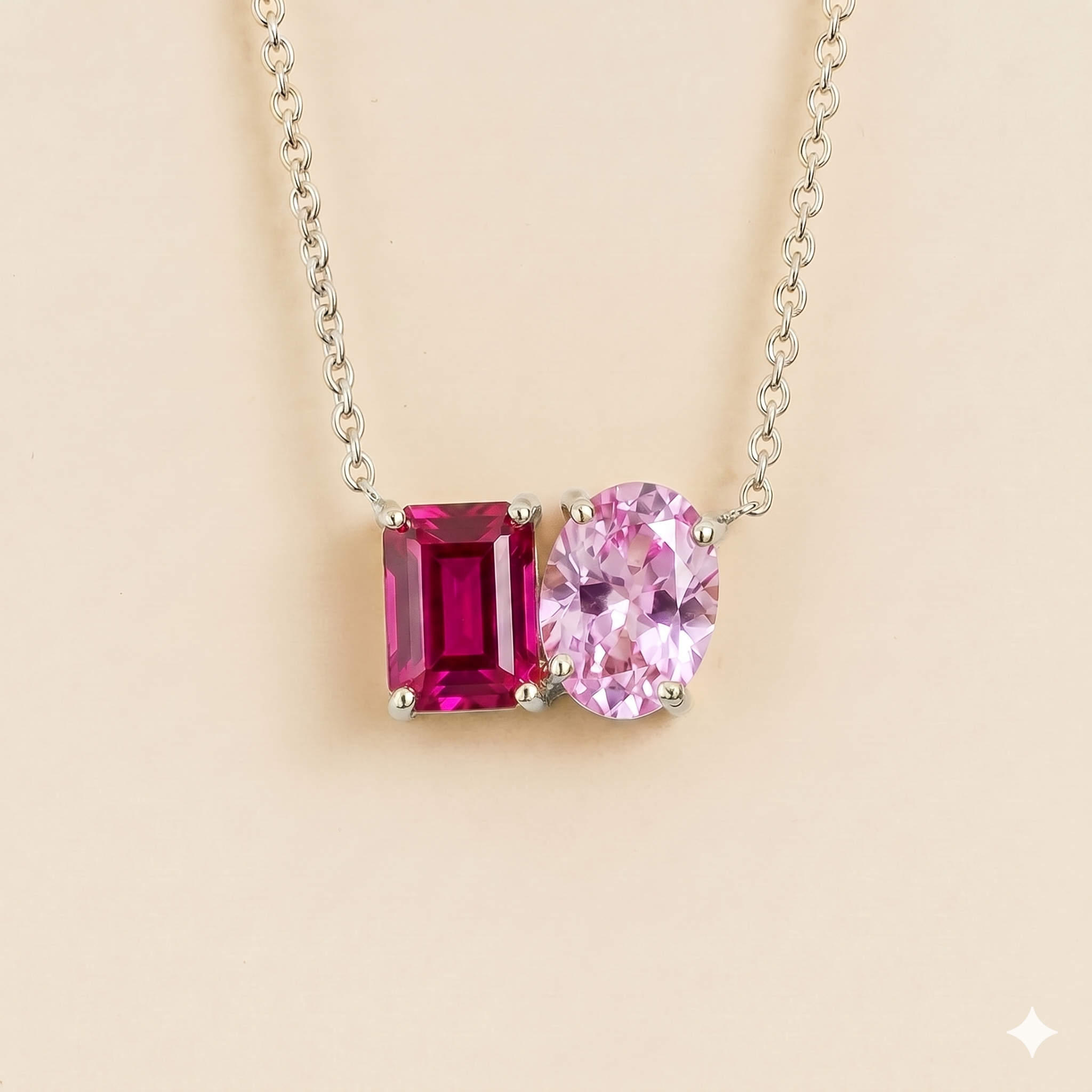 Buchon Pink Sapphire Two-Stone Emerald-Cut & Oval Pendant White Gold Necklace