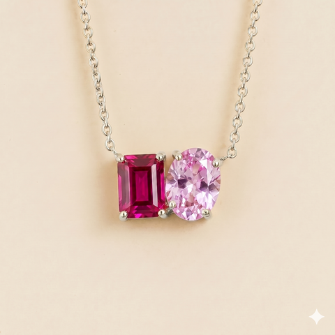 Buchon Pink Sapphire Two-Stone Emerald-Cut and Oval Pendant White Gold Necklace Buchon Pink Sapphire Two-Stone Emerald-Cut and Oval Pendant White Gold Necklace