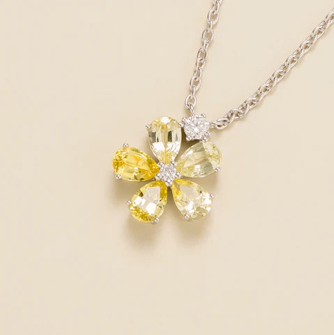 Florea Yellow Sapphire & Diamond Flower Pendant Necklace in White Gold