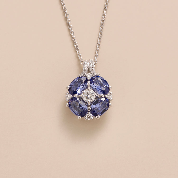 Buy Juvetti Bespoke Jewellery London Pristi White Gold Necklace Diamonds and Pastel Blue Sapphire