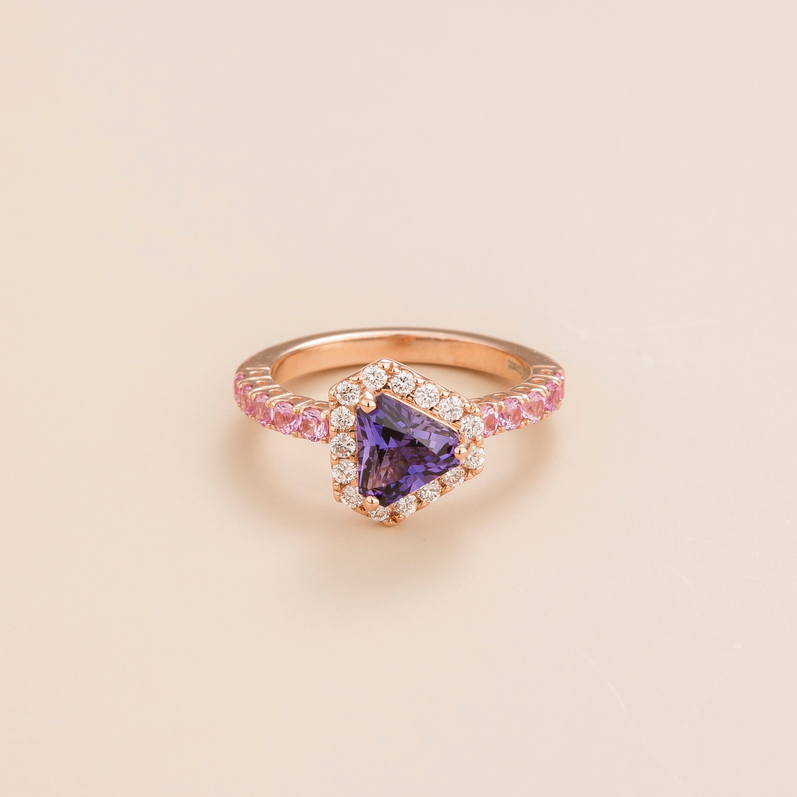 Diana ring in 18K pink gold vermeil set with lab grown diamond, purple sapphire and pink sapphire gem stones. Perfect for yourself and as gift.