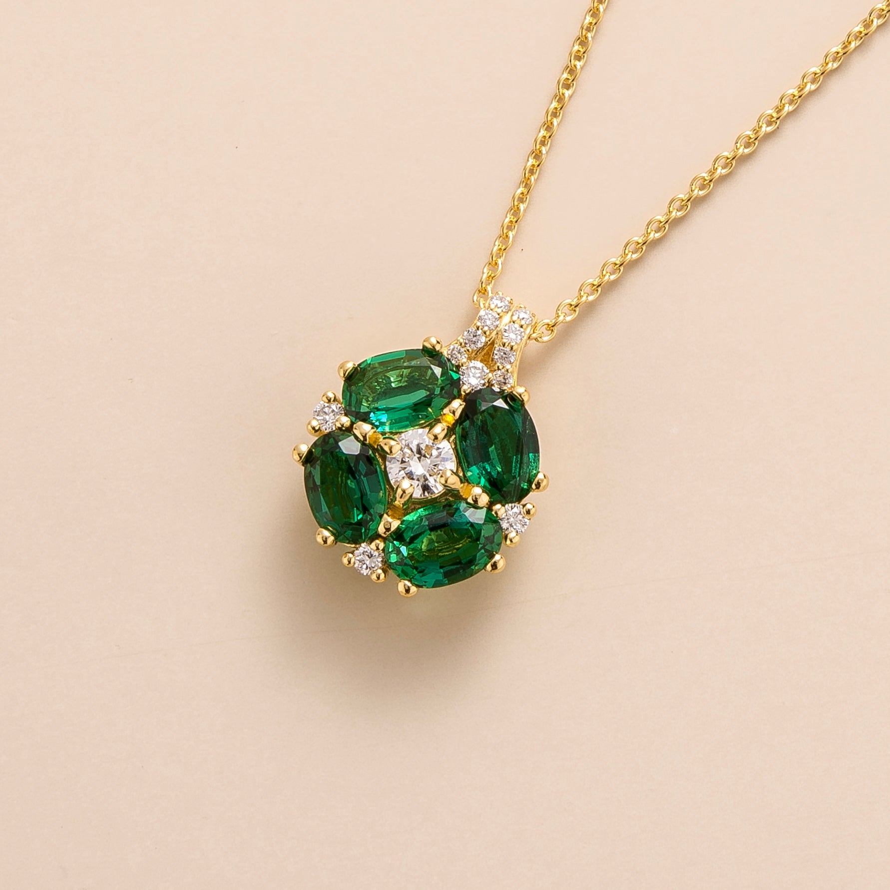 Buy Online Juvetti Bespoke Jewellery London Pristi Gold Necklace Diamond and Emerald