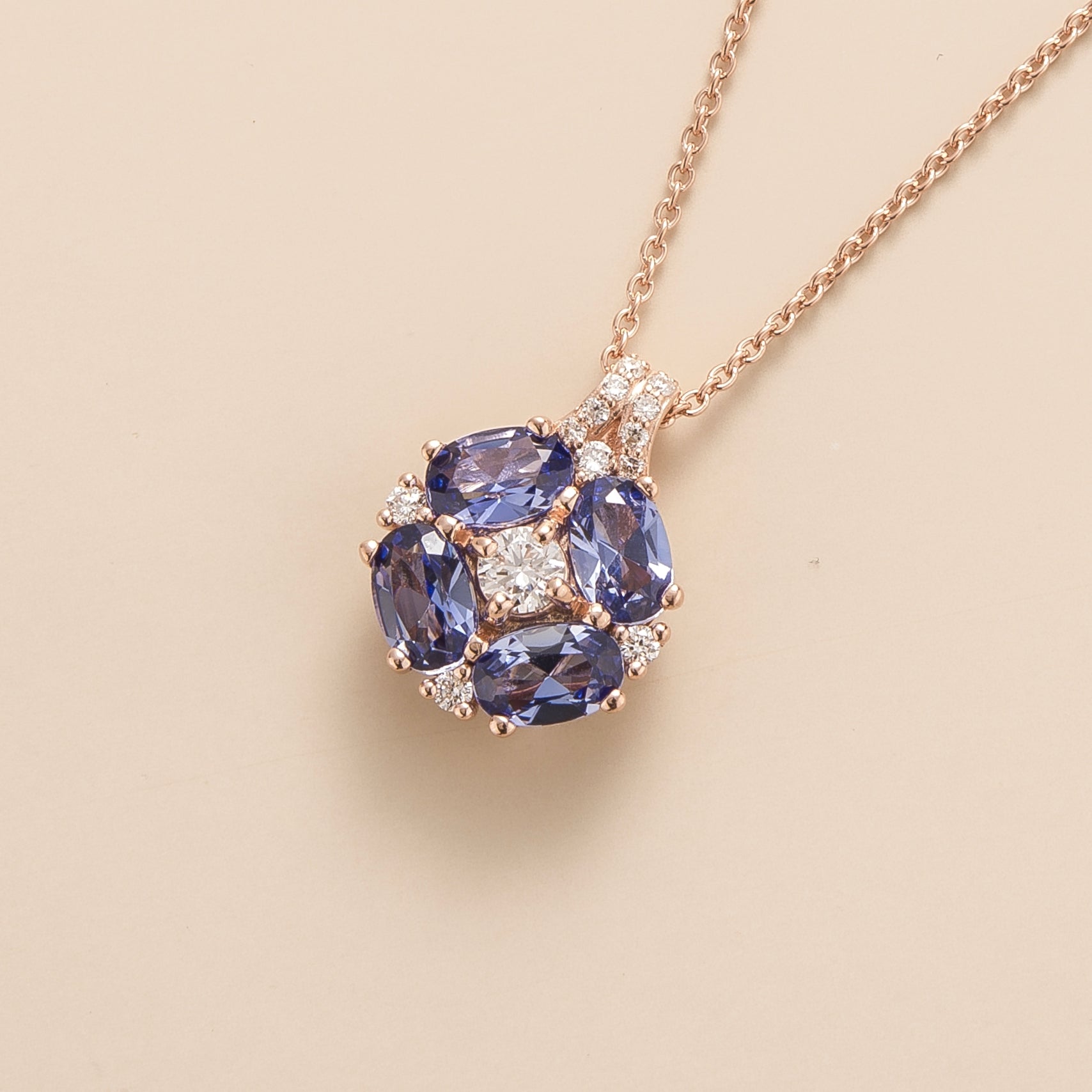 Buy Online Juvetti Bespoke Jewellery London Pristi Rose Gold Necklace Diamonds and Pastel Blue Sapphire