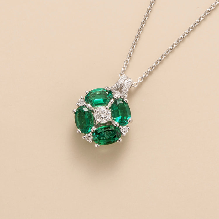 Buy Online Juvetti Bespoke Jewellery London Pristi White Gold Necklace Diamond and Emerald