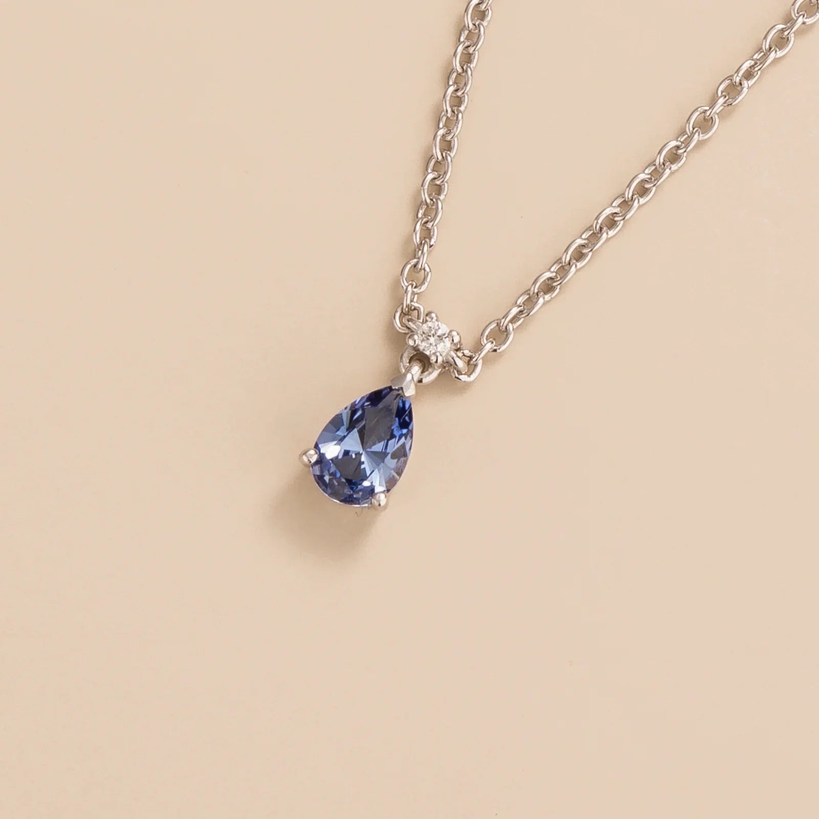 Pisa Pastel Blue Sapphire & Diamond Pear Drop Pendant Necklace In White Gold - Small