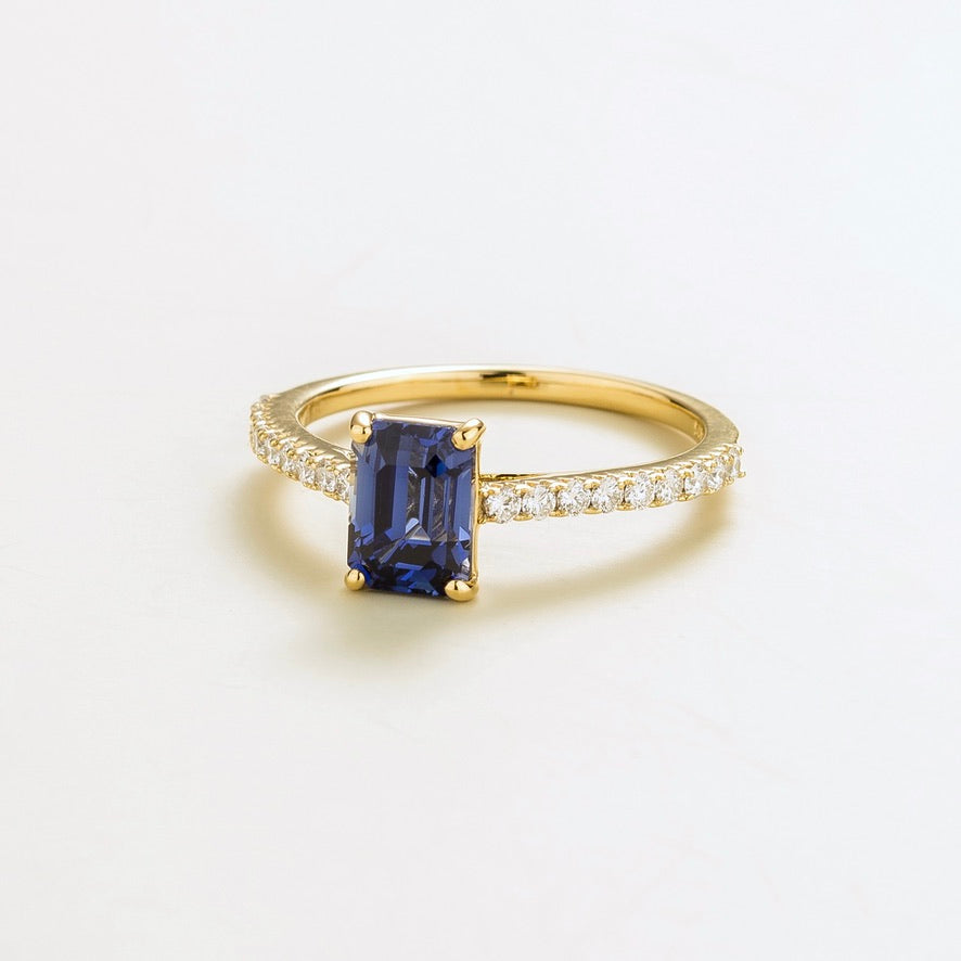 Chelle Blue Sapphire Emerald-Cut & Diamond Pavé Ring in Gold