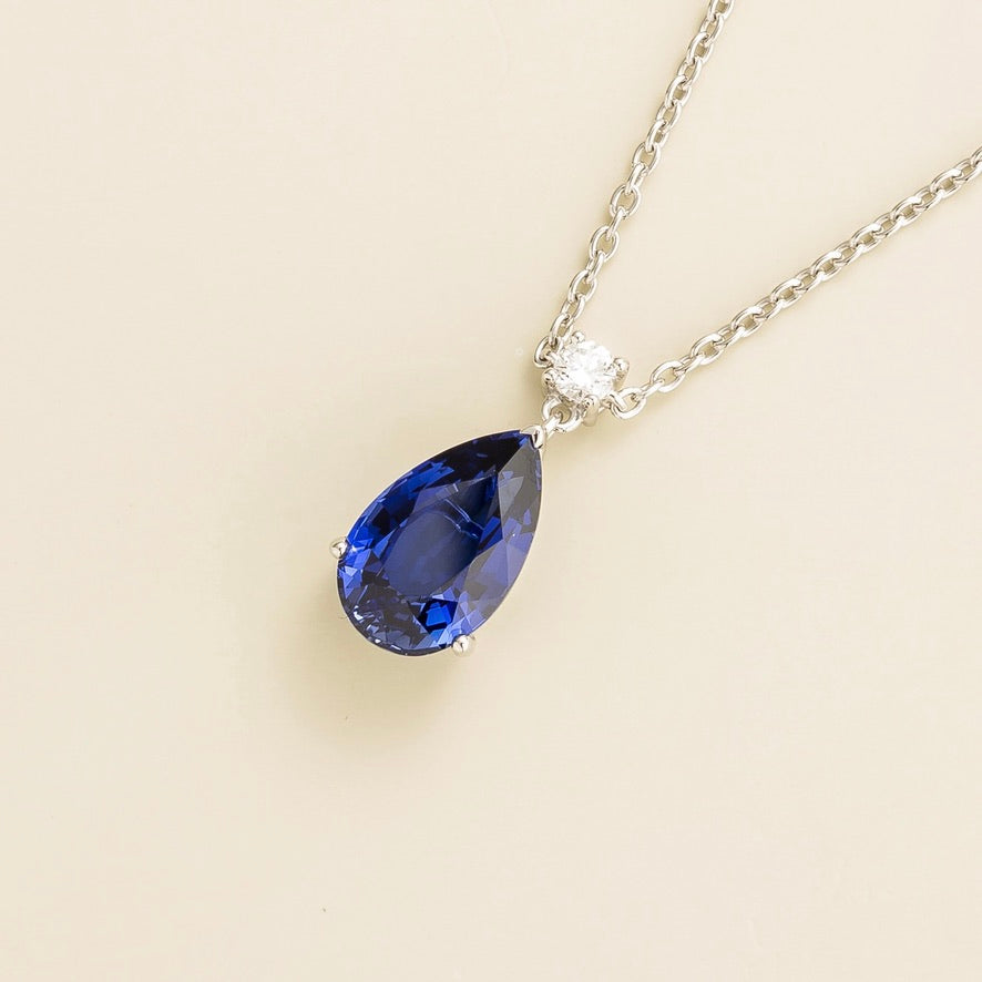 Pisa Blue Sapphire & Diamond Pear Drop Pendant Necklace In White Gold - Large