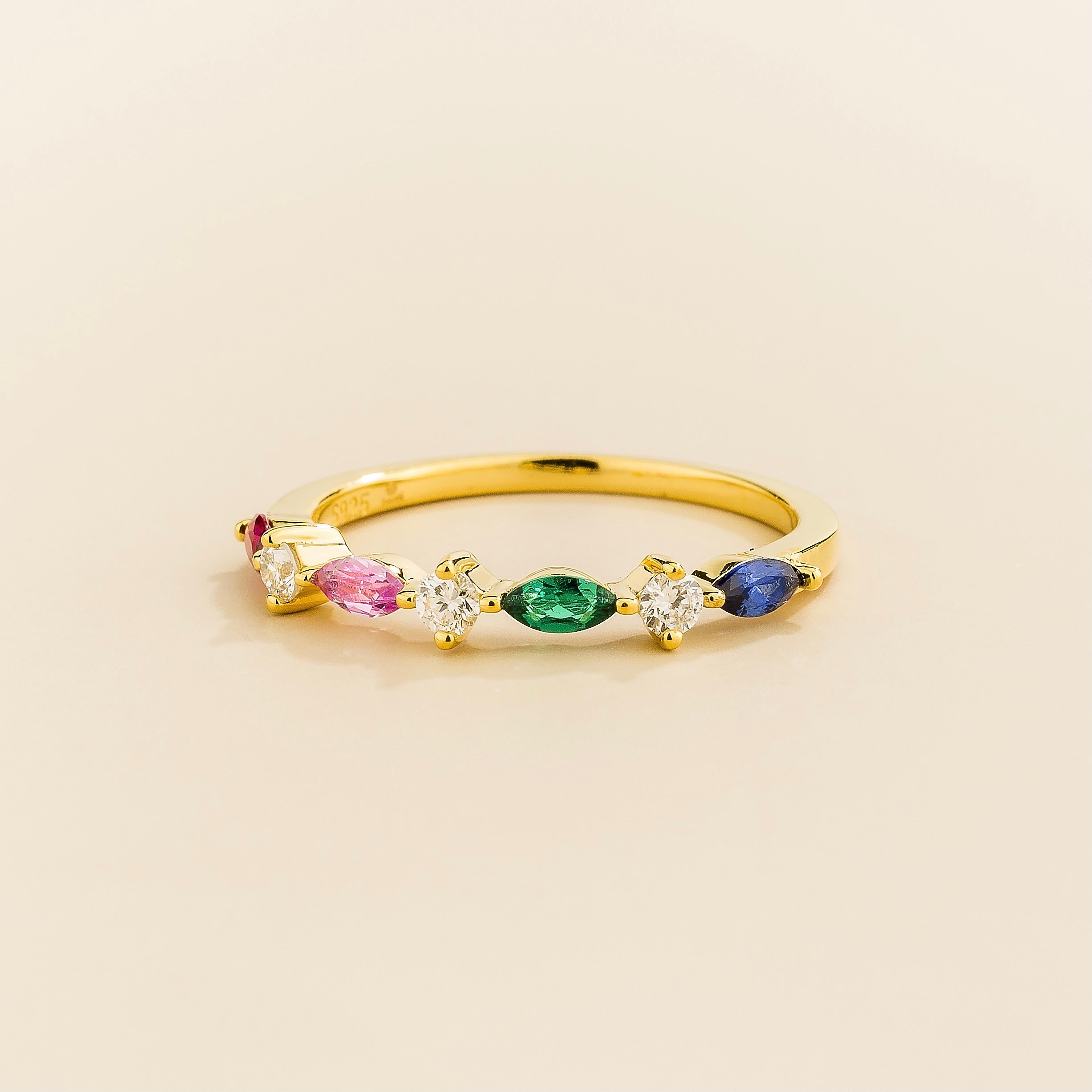 Marquise Ruby, Pink sapphire, Emerald, Blue sapphire & Diamond Half Eternity Band Gold Ring