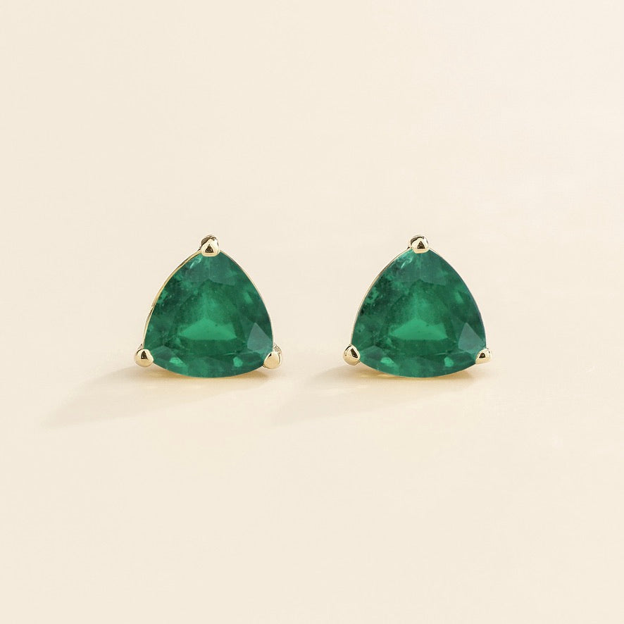 Trillion Emerald Solitaire Stud Earrings in White Gold
