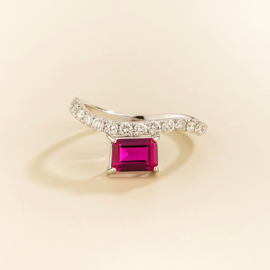 Luno Vivid Pink Sapphire Emerald-Cut & Diamond Pavé Curved Band Ring in White Gold