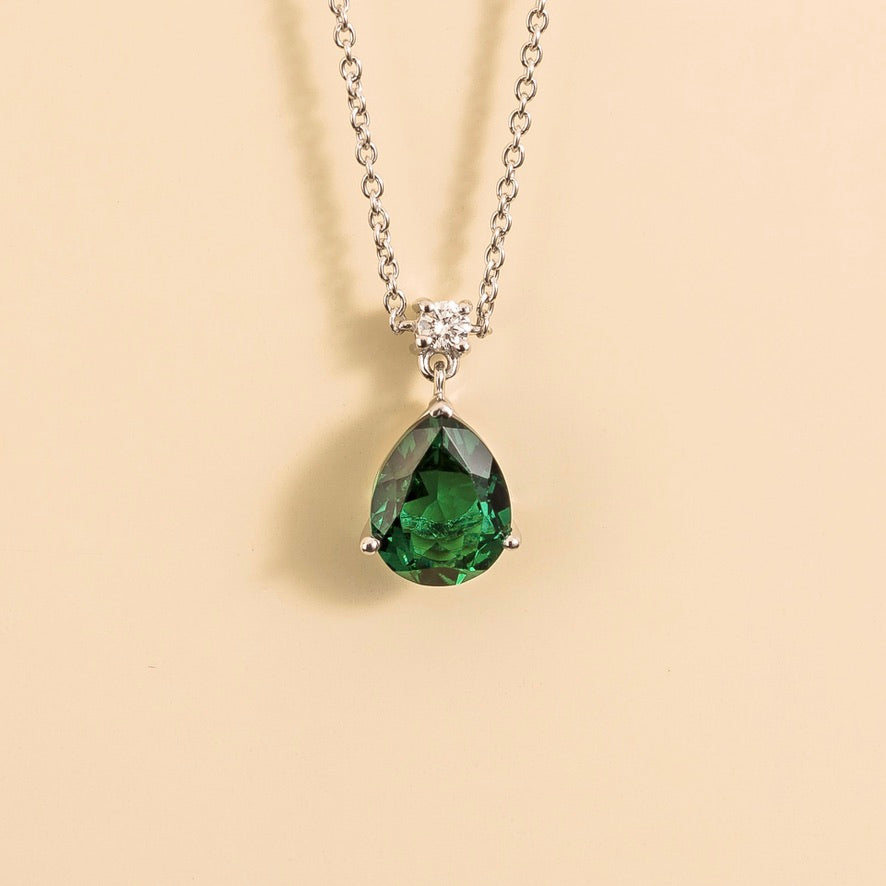 Pisa Emerald & Diamond Pear Drop Pendant Necklace In White Gold - Medium