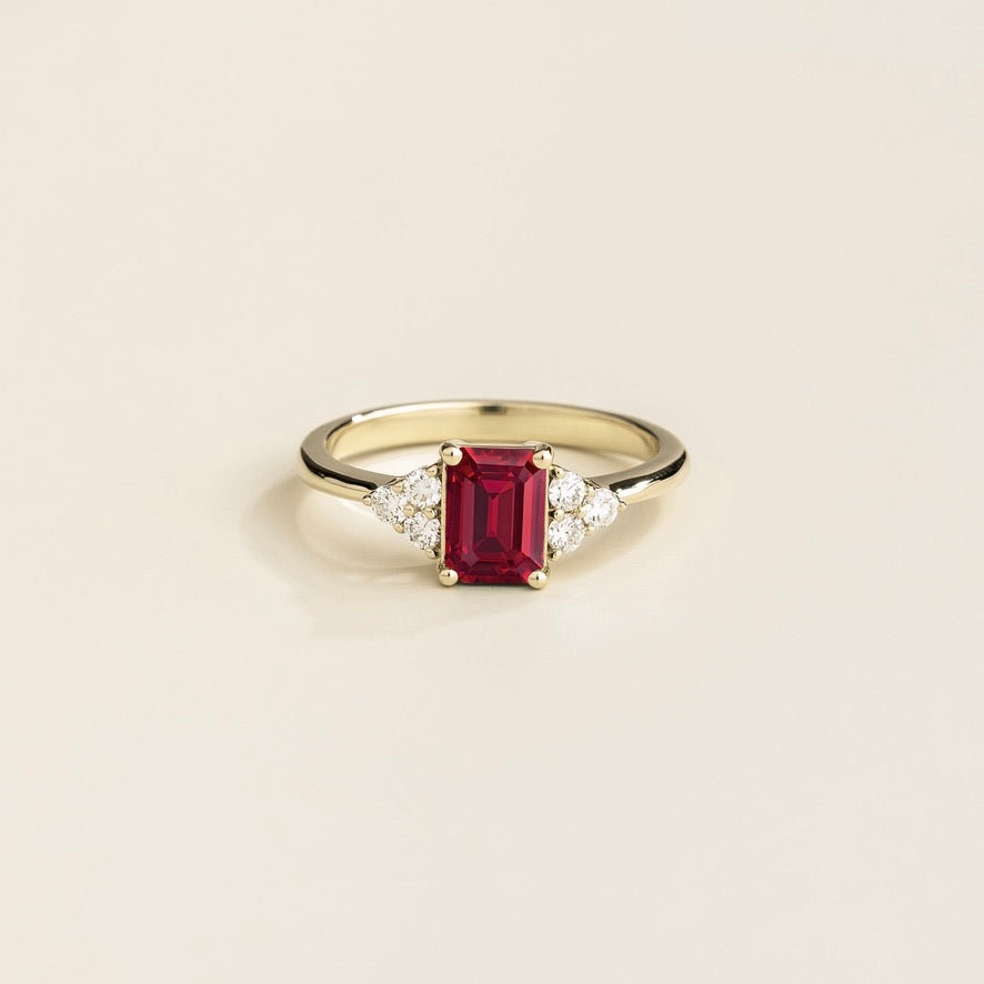 Emerald-cut lab-grown ruby and diamond Chateau ring in white gold | Juvetti London