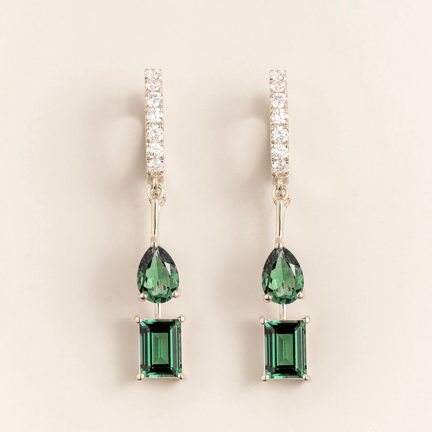 Faire Emerald & Diamond Pavé Drop Huggie Hoop Earrings in White Gold
