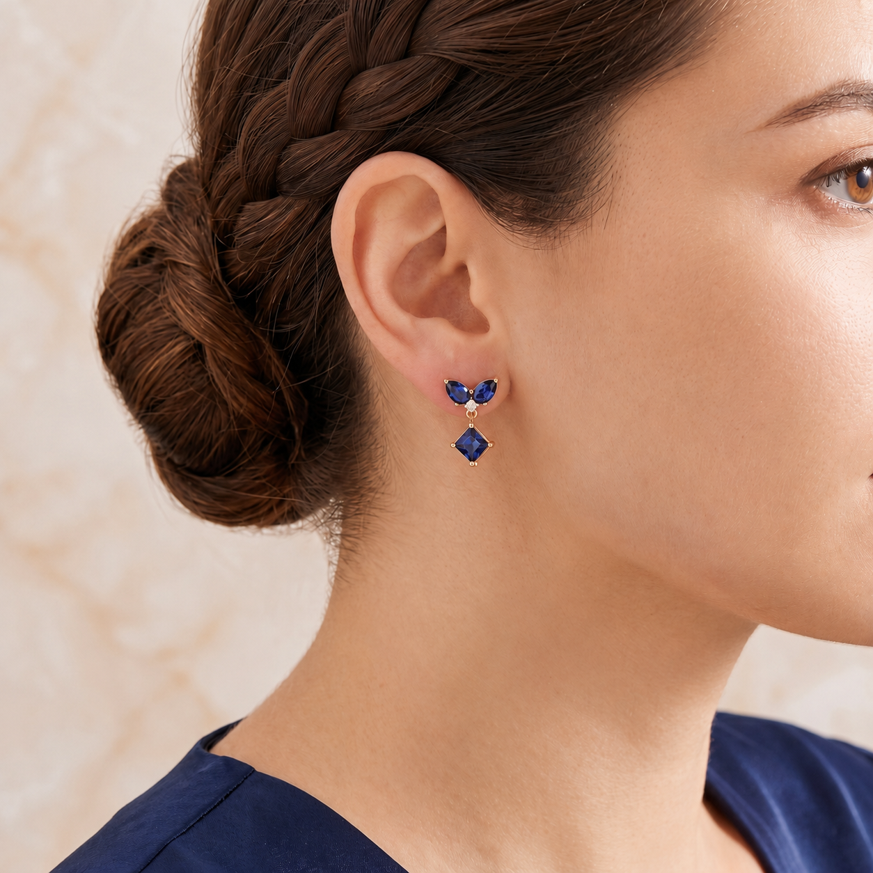 Pear & Princess-cut Blue Sapphire & Diamond Butterfly Drop Earrings in Gold
