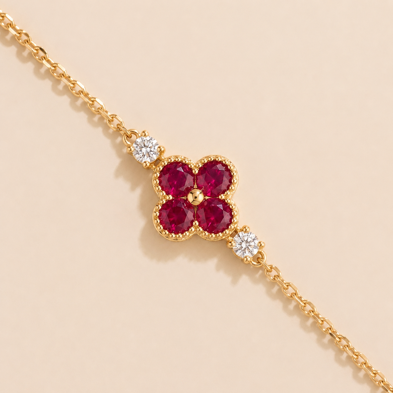 Ruby and Diamond Four-Leaf Clover Chain Bracelet in Gold