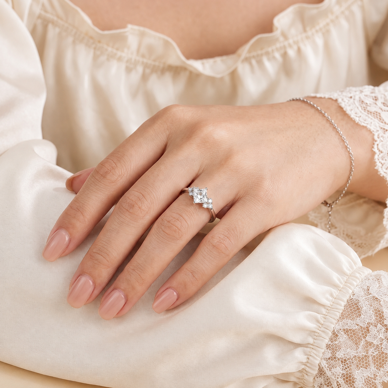 A model is wearing Amore Diamond Princess-Cut Ring in White Gold