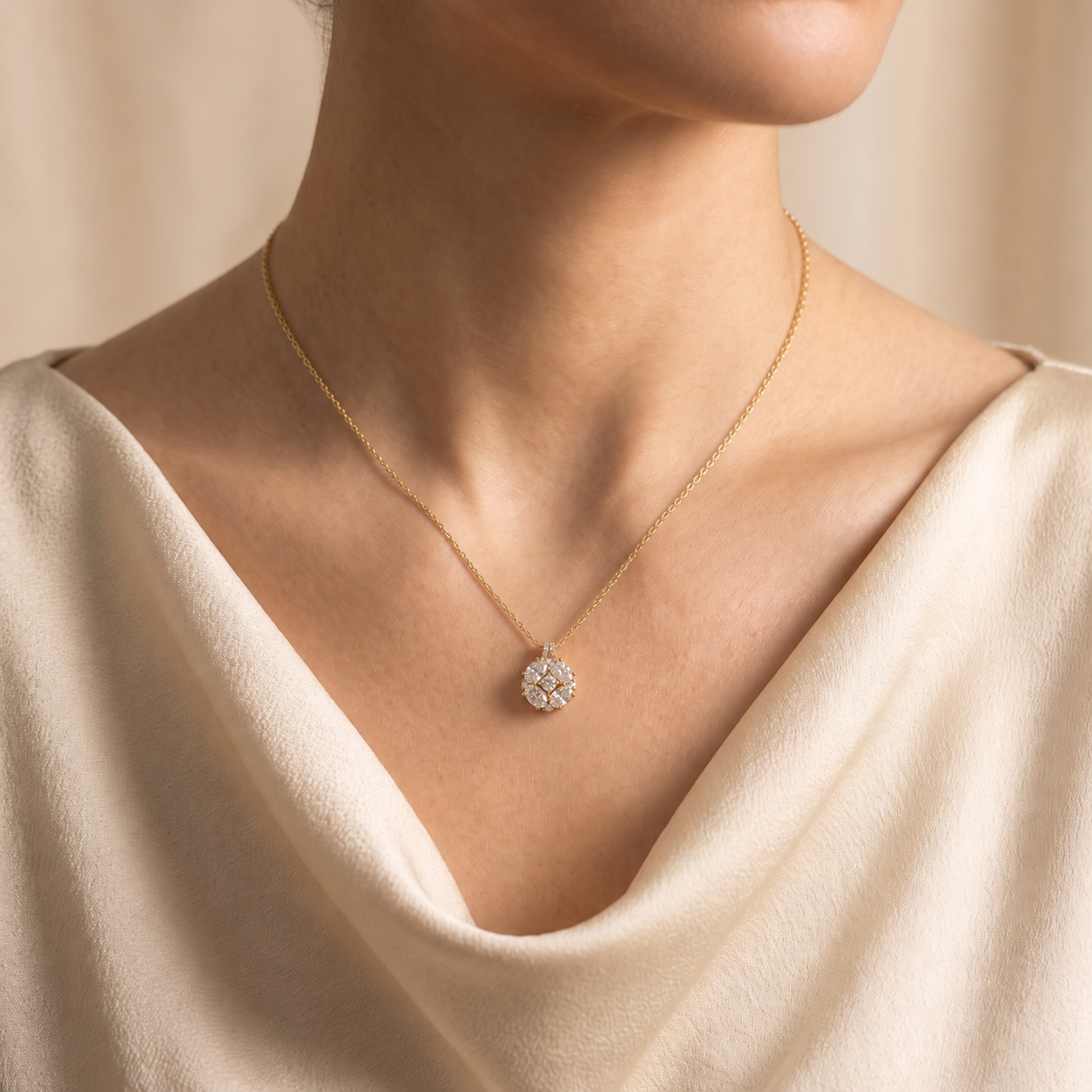A model is wearing Oval-Cut Diamond Pendant Necklace in Gold