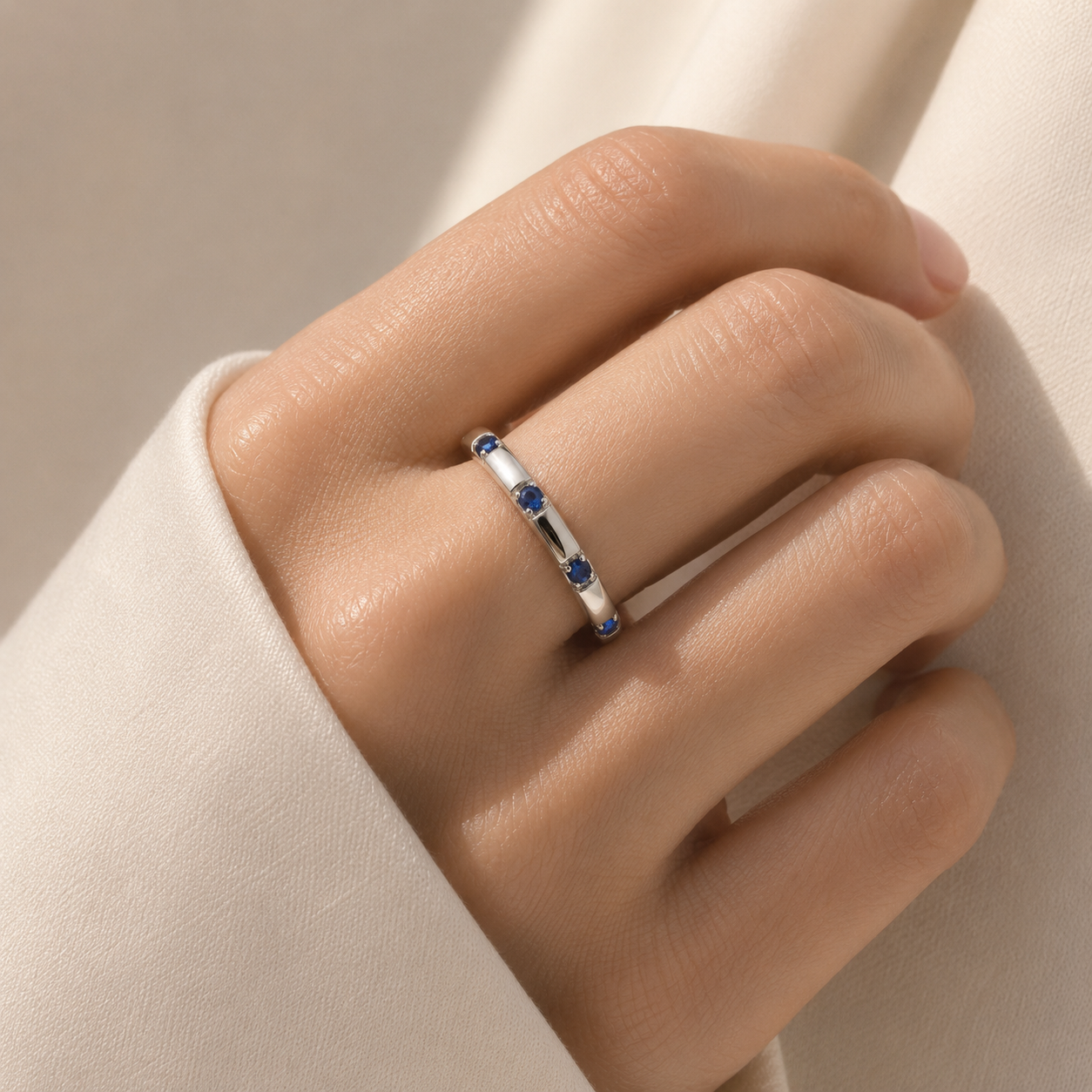 Balans Blue Sapphire Station Band Ring In White Gold