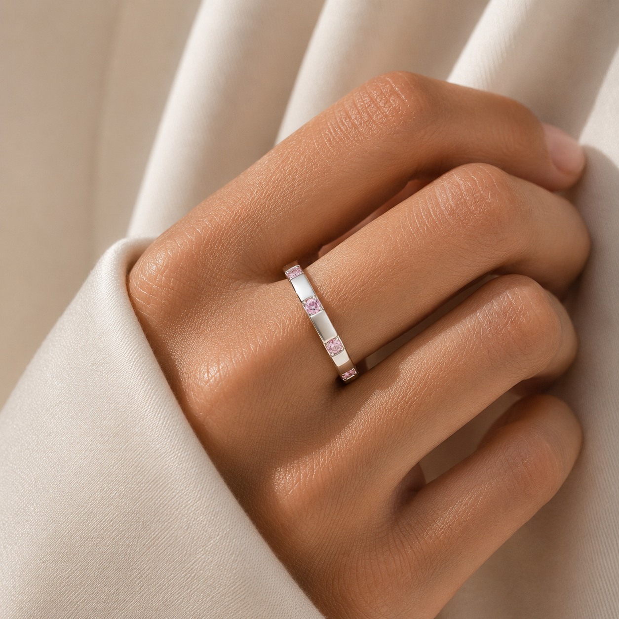 Balans Pink Sapphire Station Band Ring In White Gold
