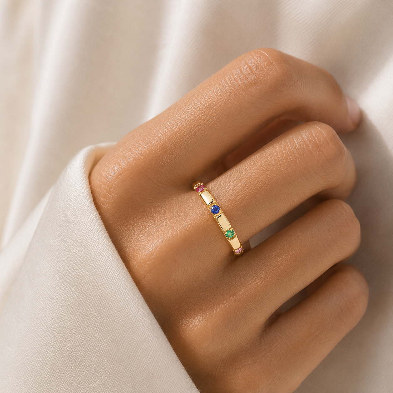 Balans Ruby, Blue Sapphire, Emerald & Pink Sapphire Station Band Ring In Gold