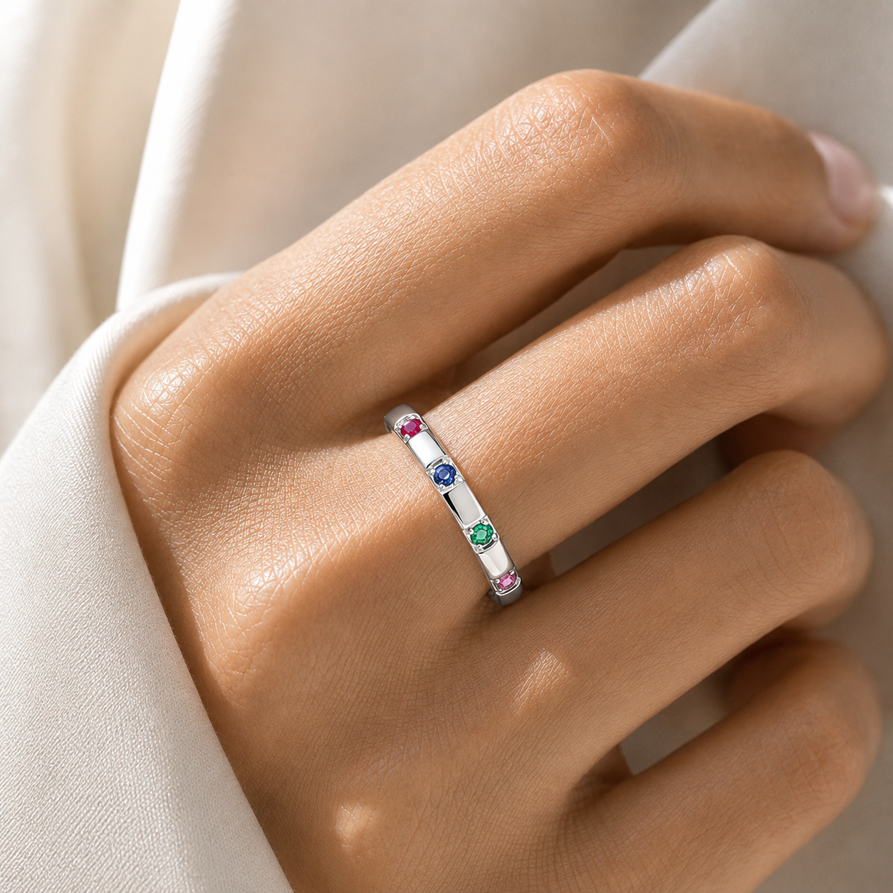 Balans Ruby, Blue Sapphire, Emerald & Pink Sapphire Station Band Ring in White Gold