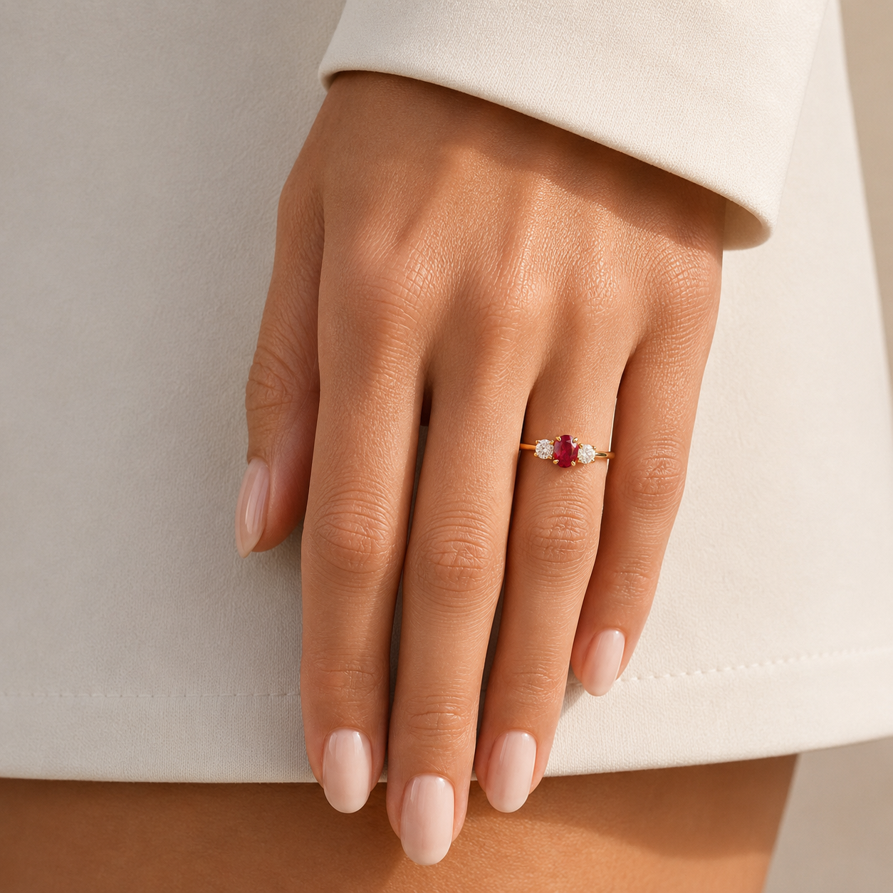 Boble Ruby Oval & Diamond Three-Stone Ring in Gold